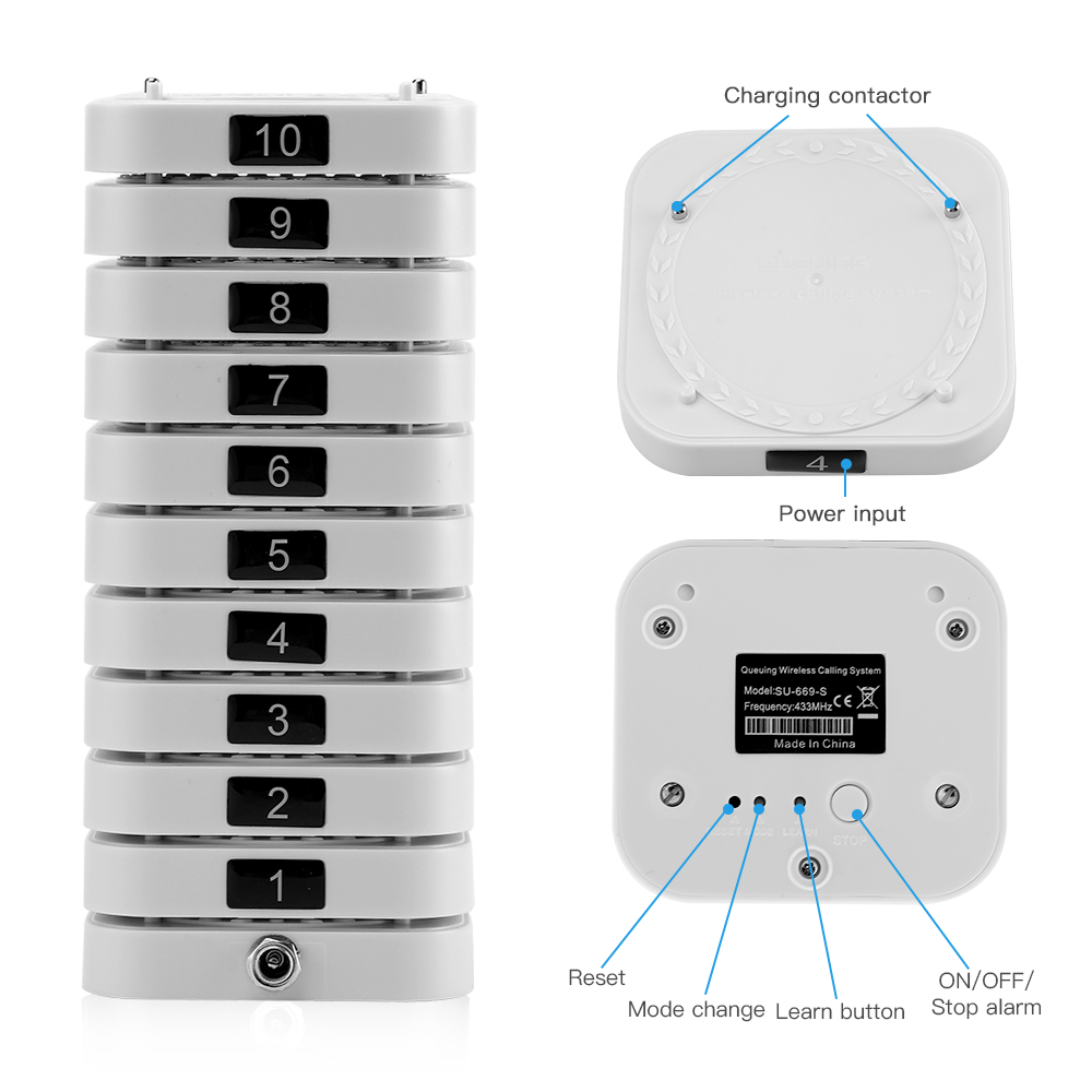 Restaurant 999CH Wireless Queuing Paging System 1 Transmitter+10 Coaster Pagers SU-669S for cafe restaurante queuing