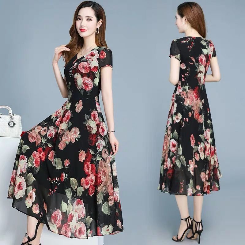 Plus Size Summer Chiffon Floral Print Short Sleeve V-neck Tea-length A-line Purple Yellow Red Elegant Women Cocktail Dresses