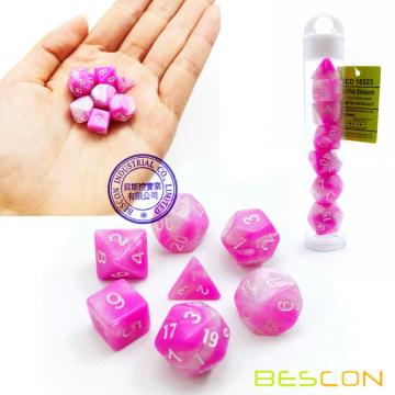 Bescon Mini Gemini Two Tone Polyhedral RPG Dice Set 10MM, Small Mini RPG Role Playing Game Dice Set D4-D20 in Tube, Pink Blossom