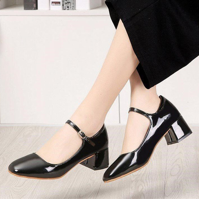 2019 New Women Dress Shoes Medium Heels Mary Janes Shoes Patent Leather Pumps Ankle Strap Ladies Shoe Office Zapatos Mujer E875
