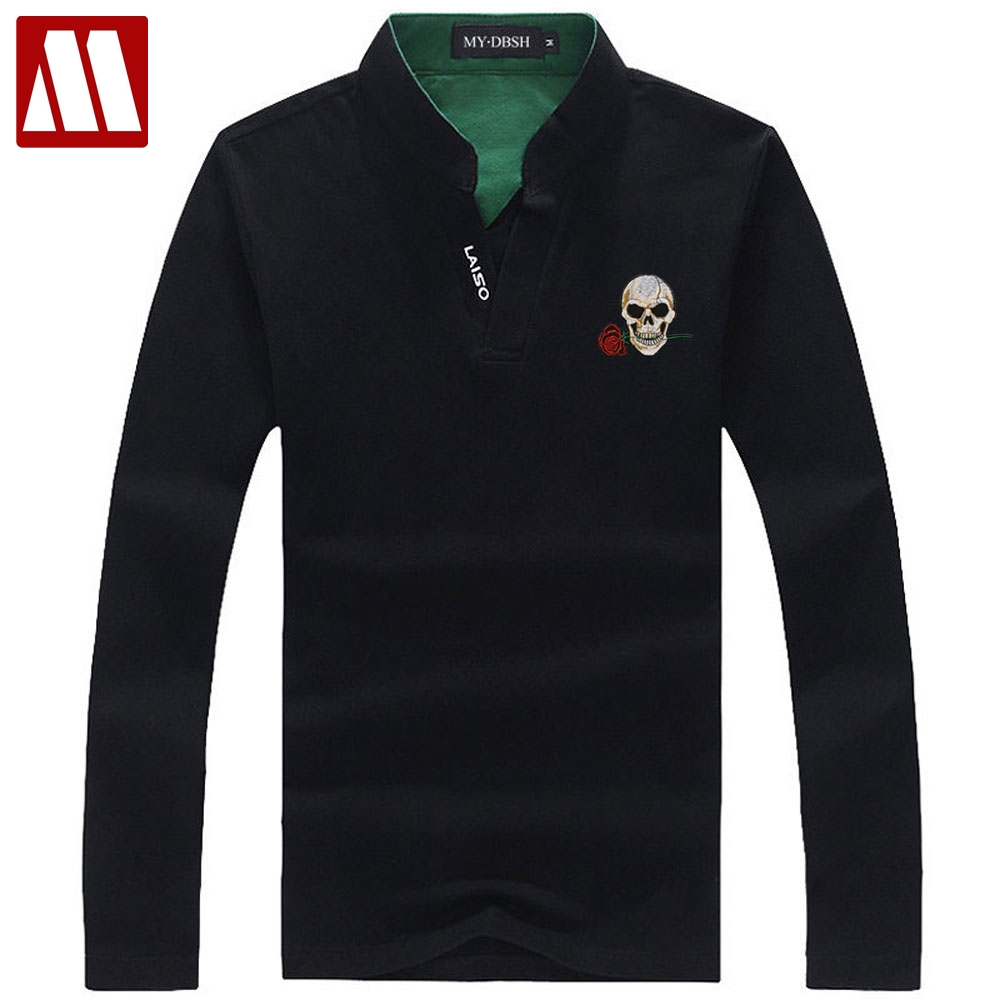 2020 Spring Long Sleeved Polo Shirts Men's Rose Skull Embroidery Jerseys Hip-hop Style Mans Polo Shirts Pollover Shirt Big Size