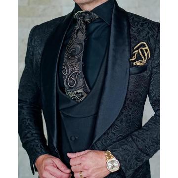 Men Suits Royal Blue and Black Groom Tuxedos Shawl Satin Lapel Groomsmen Wedding Best Man ( Jacket+Pants+Vest+Bow Tie ) 048