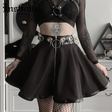 InsGoth Women Black Mini Skirts Gothic Punk Ring Zipper High Waist Female Streetwear Skirts Fashion Party A-line Skirt