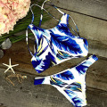 Hirigin Sexy Women Bikinis Set Beach Swimwear Blue Graffiti Printed Swimsuits For Women Bandage Mid Waist Paded Bikini Beachwear