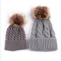 2Pcs/Pair Family Matching Outfits Mother and Kid Baby Child Warm Winter Knit Beanie Fur Pom Hat Crochet Ski Cap