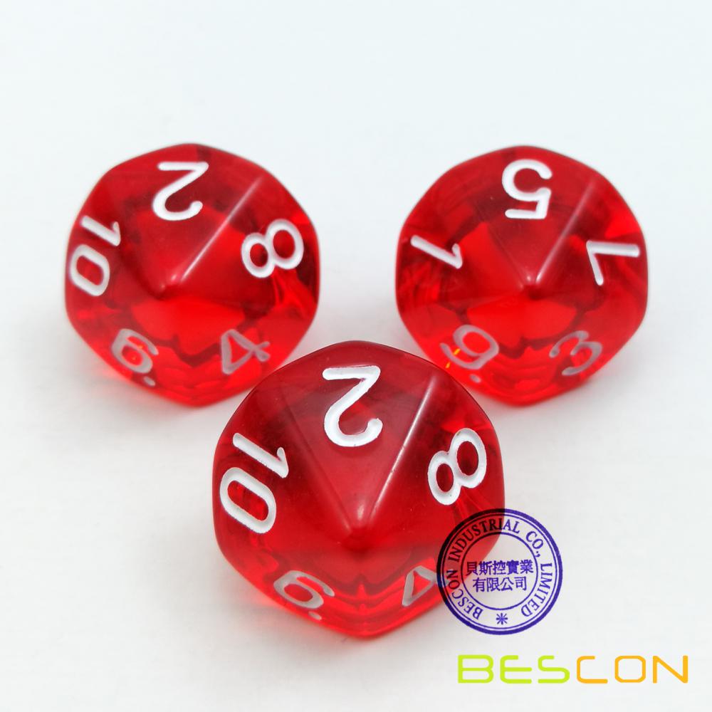 Bescon Polyhedral 10 Sides Dice with Number 1-10, Red Transparent 10 Sided Dice, 10 Sides Cube 1-10