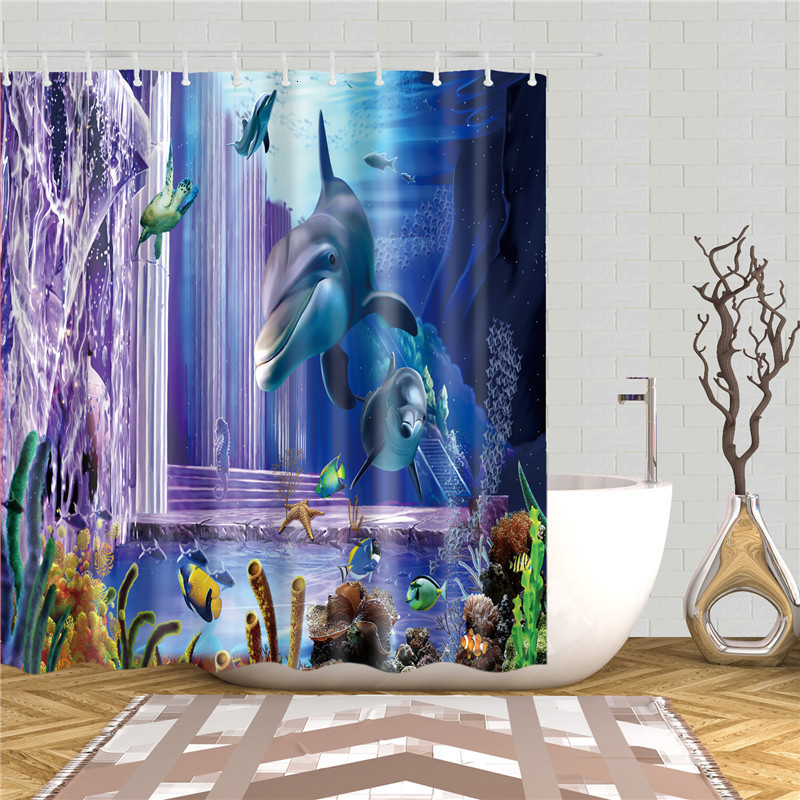 Underwater World Fish Turtle 3d Shower Curtains Fabric Waterproof Polyester Bath Curtain Bathroom Decor Screen Set With Hooks