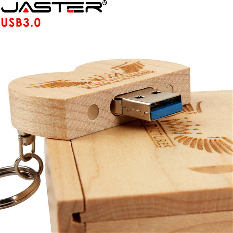 JASTER USB 3.0 Wooden heart USB Flash Drive + Packing Box pendrive 64GB 16GB 32GB photography wedding gift 1PCS free custom logo