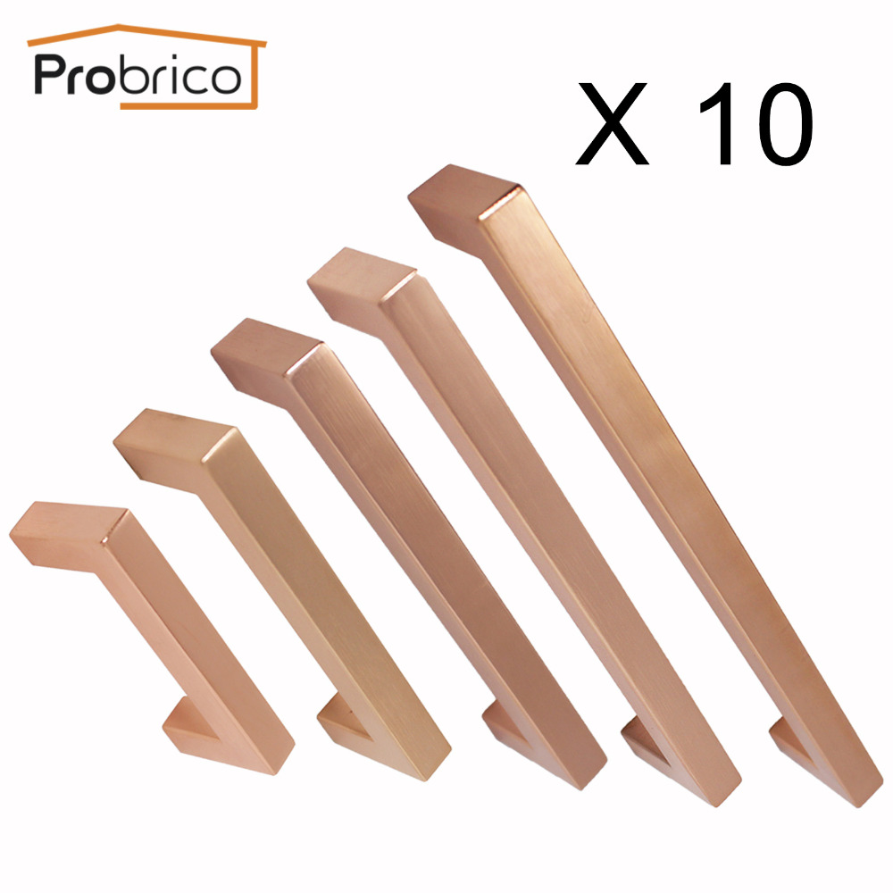 Probrico 10 PCS Stainless Steel Kitchen Cabinet Pulls Gold Rose Furniture Cabinet Handles Square T Bar Diamter 12mm Drawer Pull
