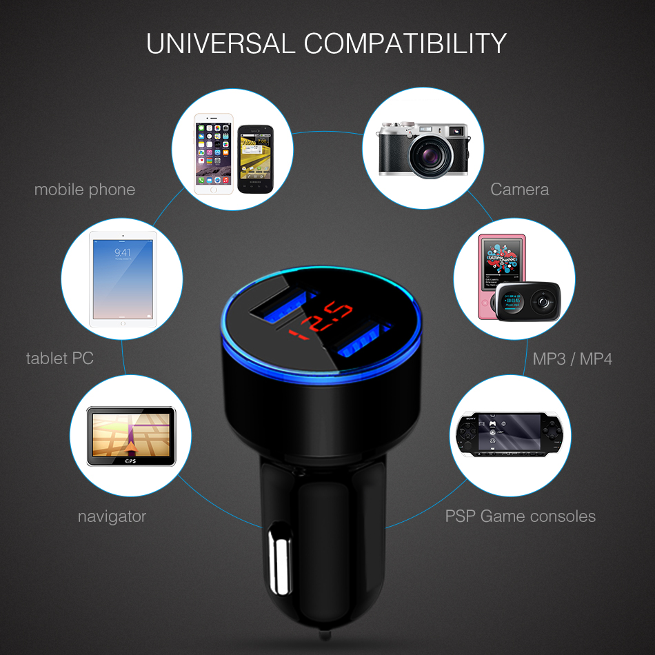 Car Charger 5V 3.1A With LED Display Universal Dual Usb Phone Car-Charger for Samsung For iPhone 12-24V Cigarette Socket Lighter