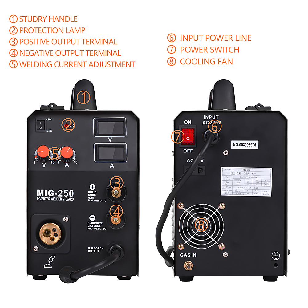 220V HZXVOGEN Welding Machine MIG250 MIG TIG MMA 3 in 1 Function Mig Welder Fit 10-25mm Qucik Connector WP17V TIG Torch