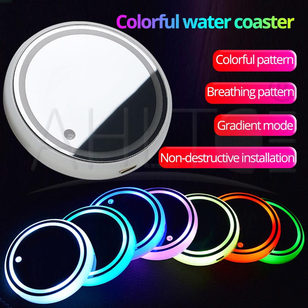 2X Car Dome LED Cup Holder Automotive Interior Lamp USB Multi- Colorful Atmosphere Light Drink Holder Anti-Slip Mat Product Bulb