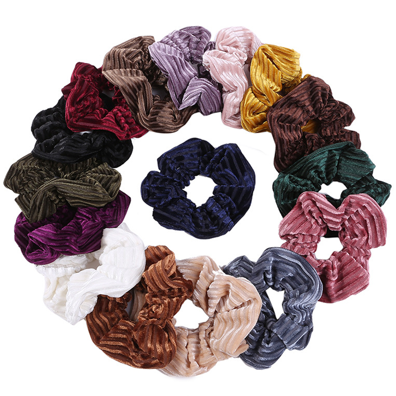 Winter Striped Soft Velvet Scrunchies Ponytail Holder Solid Color Hair Rope Ties Women Elastic Hair Bands Girls Hair Accessories