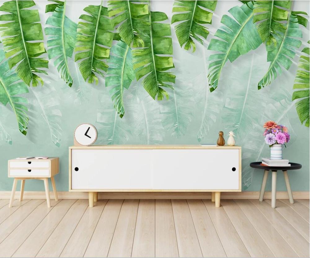 Customized large mural / wallpaper / simple and small fresh green banana leaf watercolor style background wall