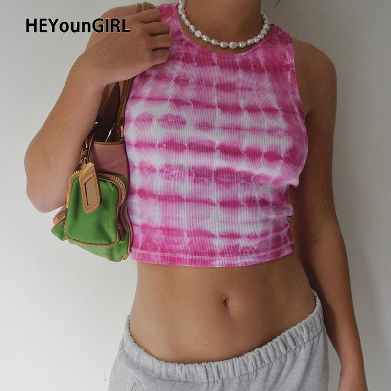 HEYounGIRL Tie Dye Print Sleeveless Women Tanks Top Streetwear Casual Summer Crop Tops Tees Fashion Fitness Skinny Mini Vest