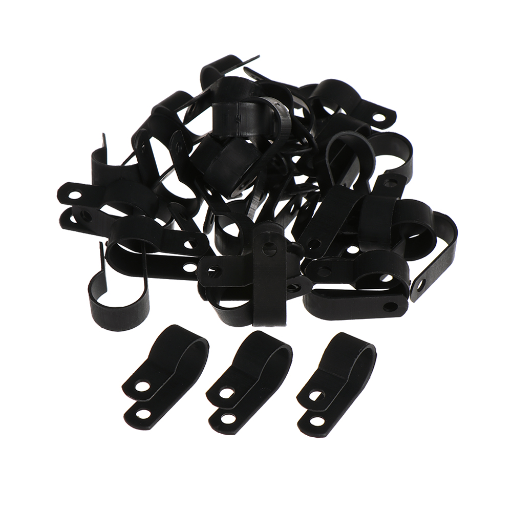 100PCS Plastic P Clips Black Hose Fasteners Cable Durable R-Type Nylon Cable Clamp Mounting Fix Hardware Electrical Fittings