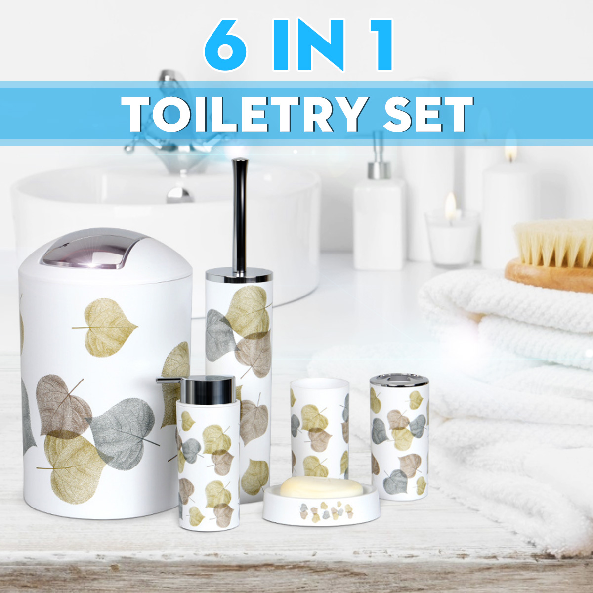 Simple style Plastic Bathroom Toiletries Lotion Bottle Toothbrush Holder Cup Soap Dish Toilet Brush Trash Can 6 Pcs/Set