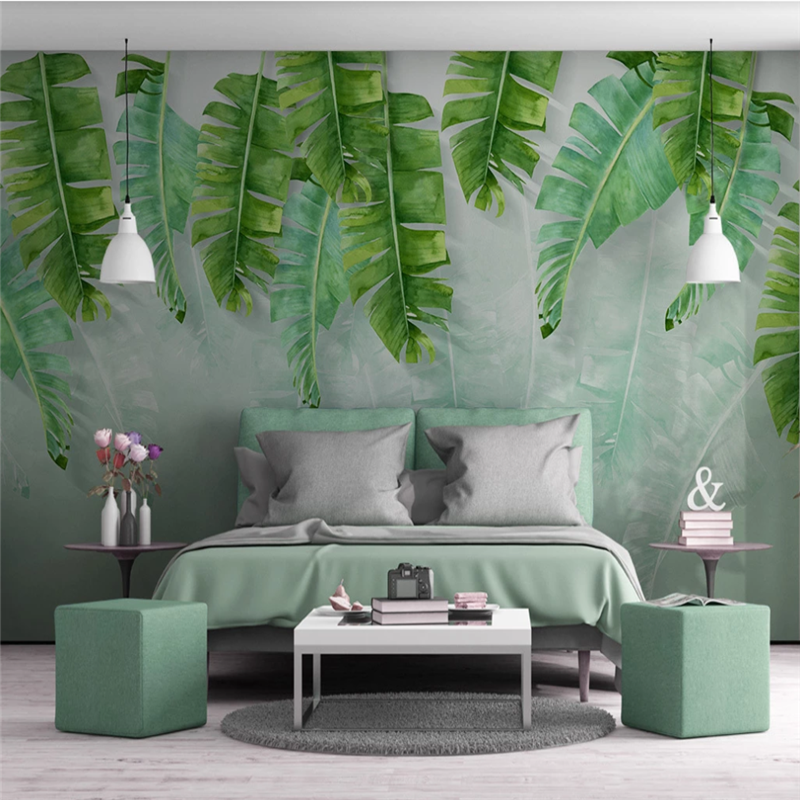 Nordic minimalist fresh green banana leaf watercolor style background wall custom wallpaper mural 8D photo wall