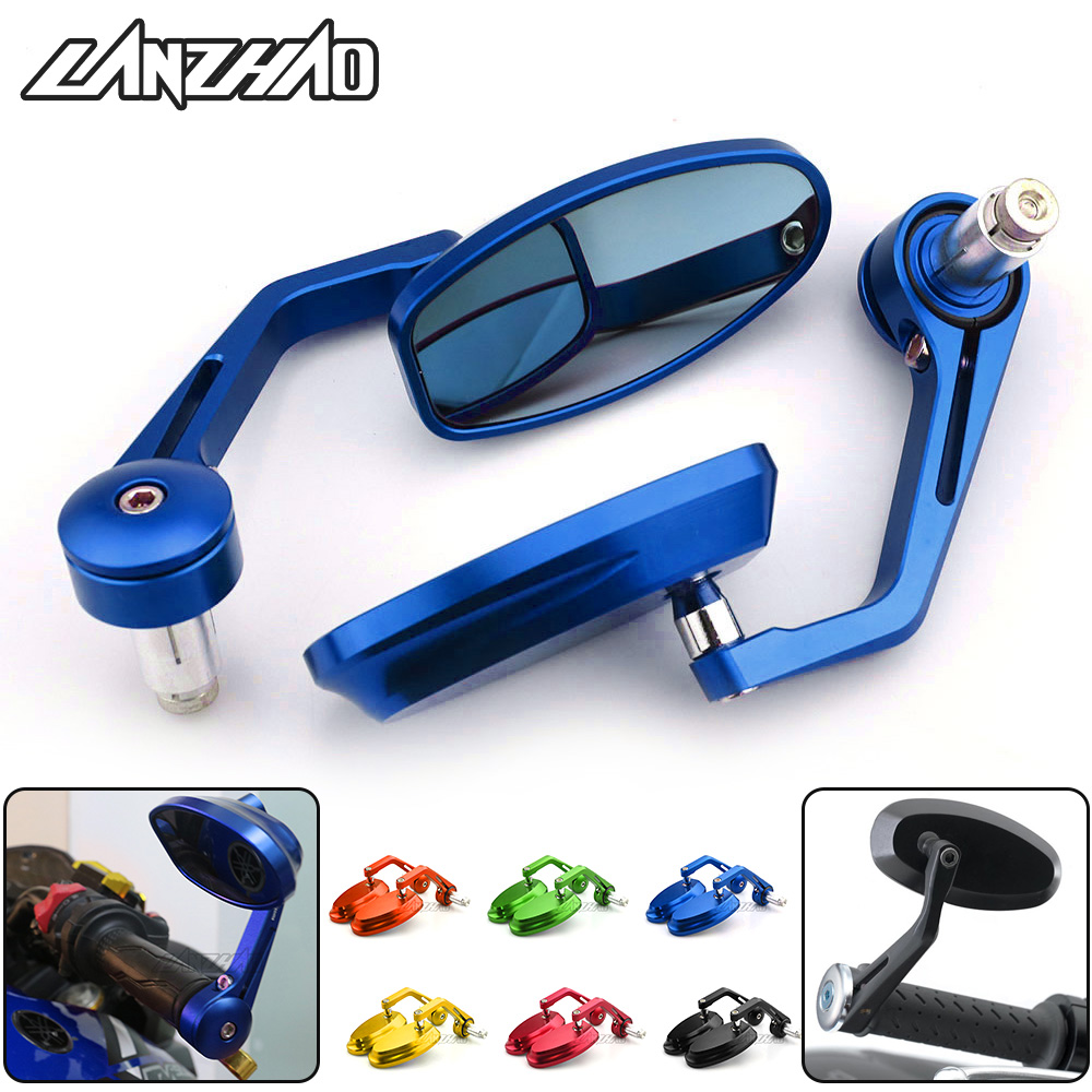 7/8" 22MM Full CNC Motorcycle Handlebar Bar End Rearview Rear View Side Mirrors Blue Convex Glass Universal for Yamaha MT07 MT09