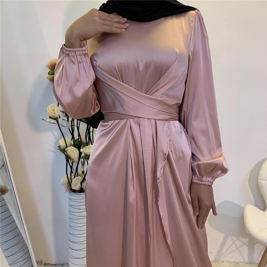 Eid Mubarak Abaya Dubai Turkey Satin Hijab Muslim Dress India European American Islam Clothing Dresses For Women Vestidos F1929