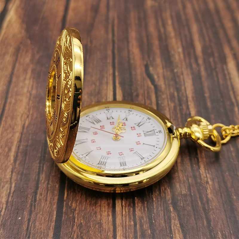 Classic Vintage Gold Quartz Pocket Watch Chain Roman Numerals Unisex Hollow Case Vintage Pendant Necklace Women Men Gifts