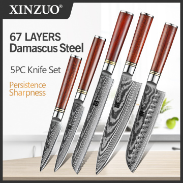XINZUO 5 PCS Knife Set High Carbon High Quality Damascus Stainless Steel Kitchen Knives Cleaver Chef Utility Rosewood Handle