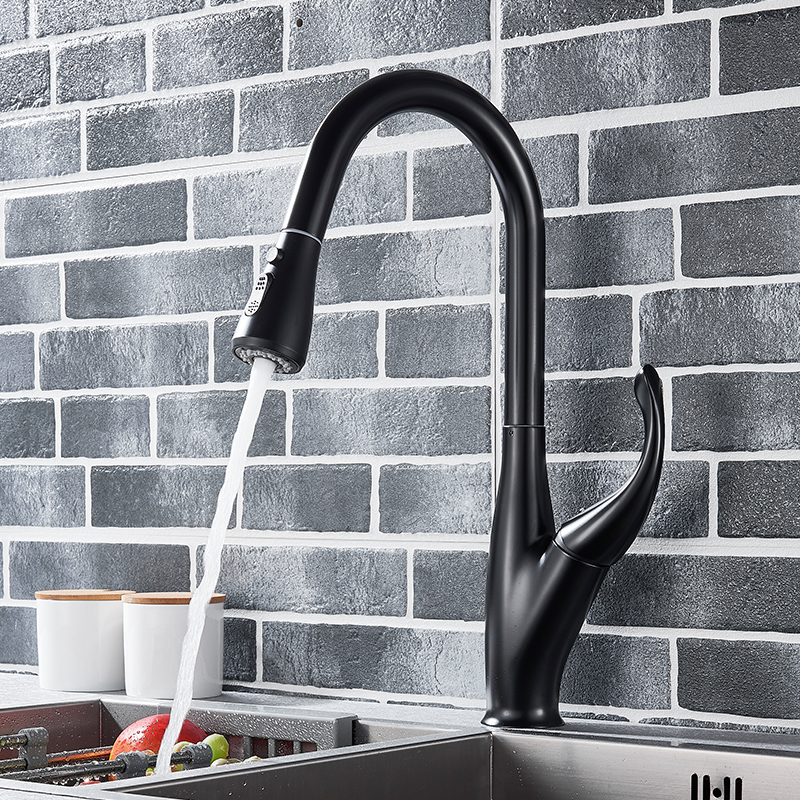 Quyanre Matte Black Pull Out Kitchen Faucets Single Handle Hot Cold Water Mixer Tap 360 Rotation Kitchen Water Tap For Kitchen