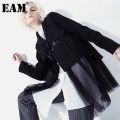 [EAM] Women Black Irregular Spliced Mesh Blazer New Lapel Long Sleeve Loose Fit Jacket Fashion Tide Spring Autumn 2021 1DD2363