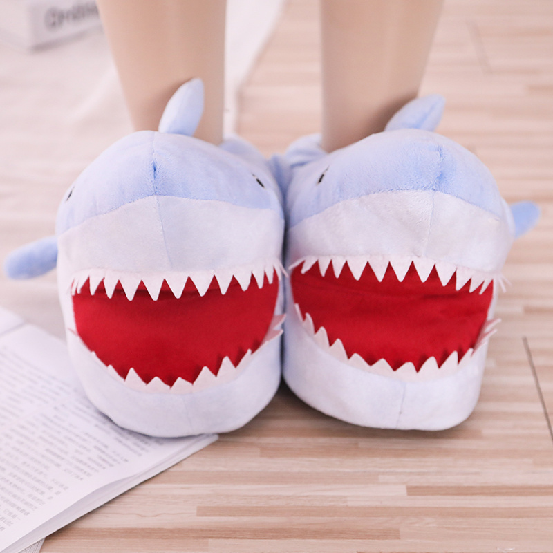 Winter Home Women Fur Slippers Funny Animal Shark Shape Warm Cottom Fur Indoor Floor Men Shoes Ladies Furry Slides One Size