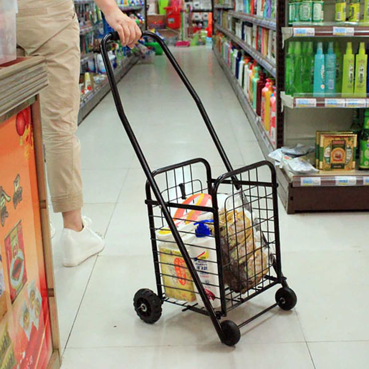 Black Portable Folding Shopping Cart Trolley Basket Grocery Travel Shopping Supermarket Folding Trailer 25KG Bearing 37x32x76cm