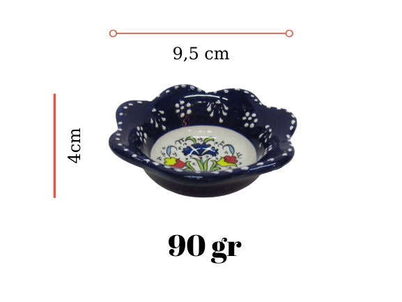 Hand Made Tile Patterned Daisy Shaped Kaolin Clay Quartz Limestone Bowl 8cm Navy Blue Colored Old Turkish Pattern Healty Gift