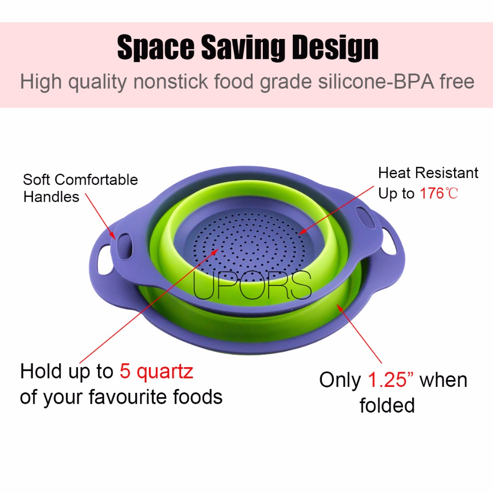 Upors 2pcs Food Grade Collapsible Colanders Set Silicone kitchen Strainer Fruit Vegetable Baskets Folding Strainer Kitchen Tool