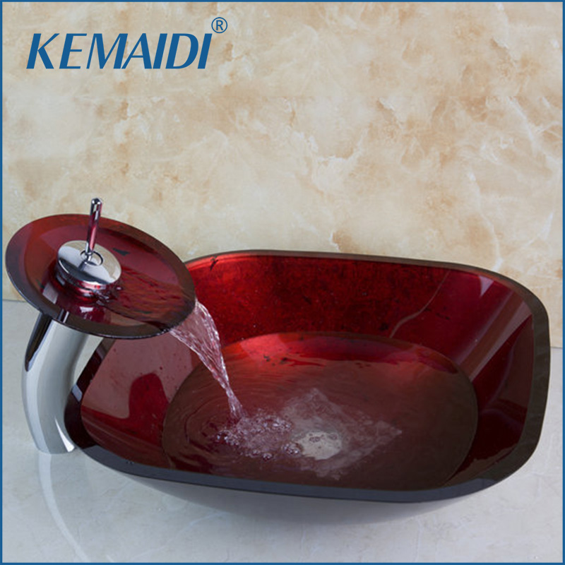 KEMAIDI Bathroom Art Round Washbasin Red Tempered Glass Vessel Sink With Waterfall Chrome Faucet Set With Pop Up Drain