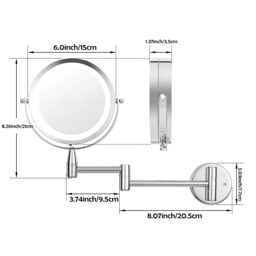 LED Wall Mounted Makeup Mirror, 5.9" Diameter 1X/5X Magnifying 360° Rotatable illuminated Extendable Double-Sided Swivel Mirror