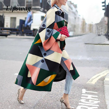 Autumn Vintage Colorful Block Print Women Long Coat 2020 Fashion Long Lantern Sleeve Jacket Plus Size Female Elegant Windbreaker