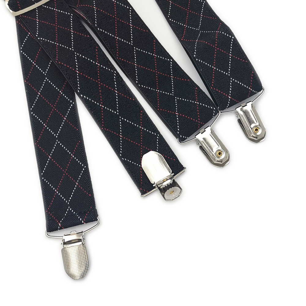 35mm Wide Black White Red Plaid Suspenders Men Women Elastic Adjustable 4 Clips X Back Adult Suspender For Office Party Wedding