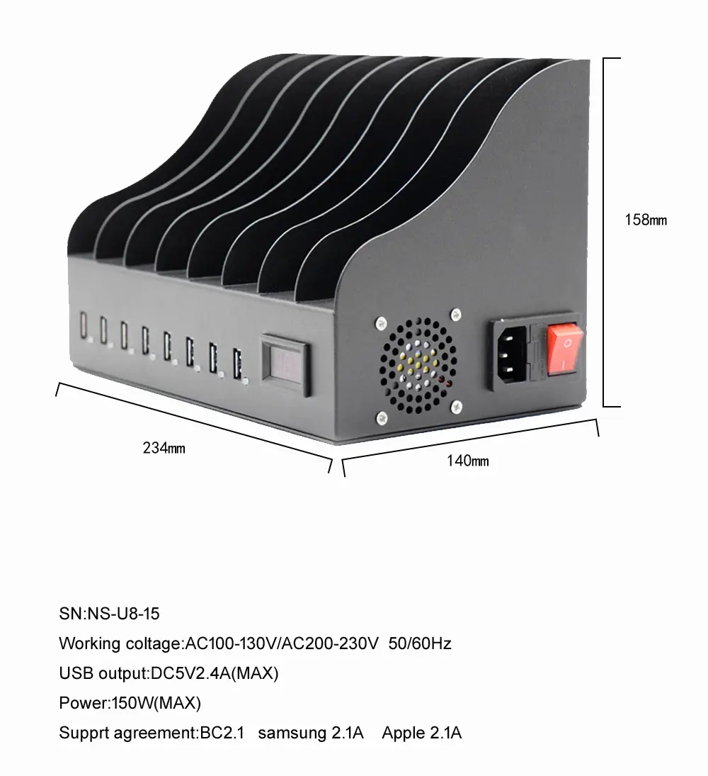 8-port USB charger size