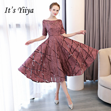 It's YiiYa Luxury O-Neck Half Sleeve Embroidery Zipper Cocktail Dresses A-line Tea Length Formal Dress LX465