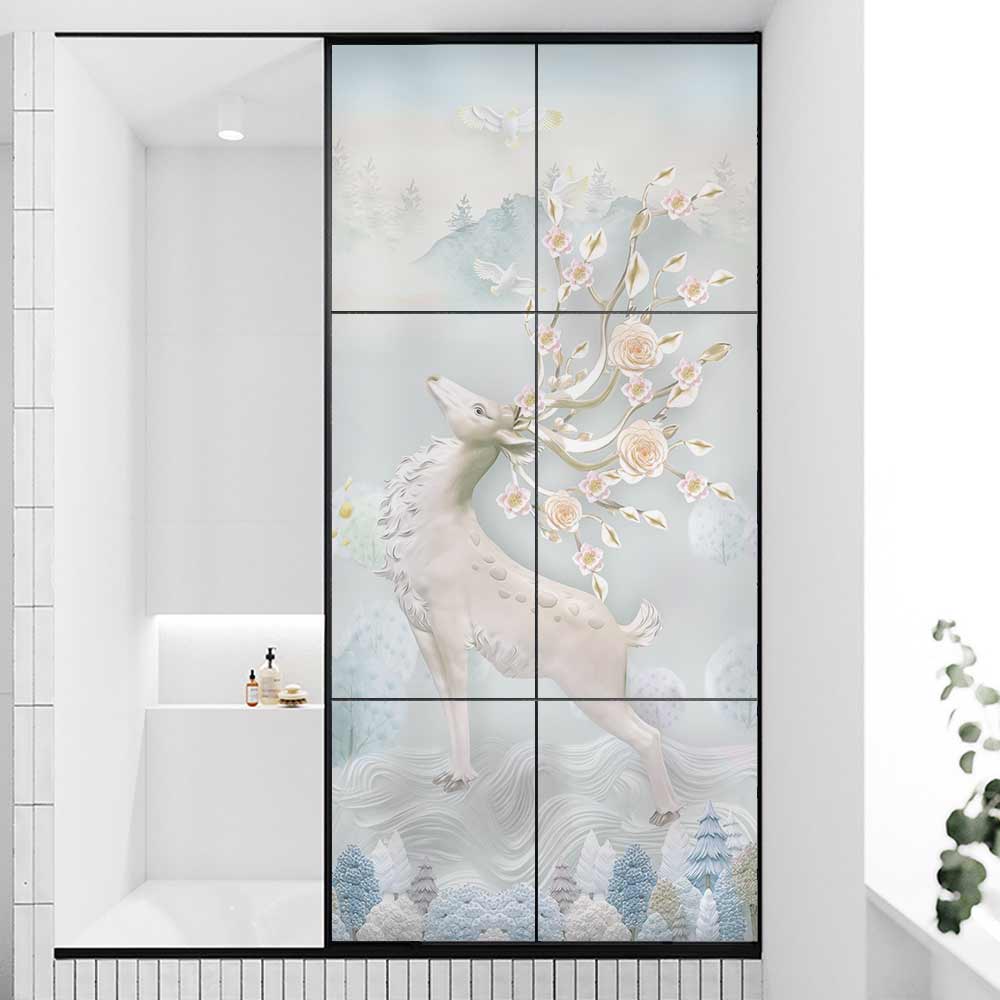 3D Effect Deer Window Film Privacy Opaque Frosted PVC Window Decorative Film Elk Art Stained Window Sticker Glass Decal Summer