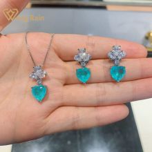 Wong Rain 100% 925 Sterling Silver Heart Paraiba Tourmaline Gemstone Earrings/Pendant/Necklace Wedding Jewelry Sets Wholesale