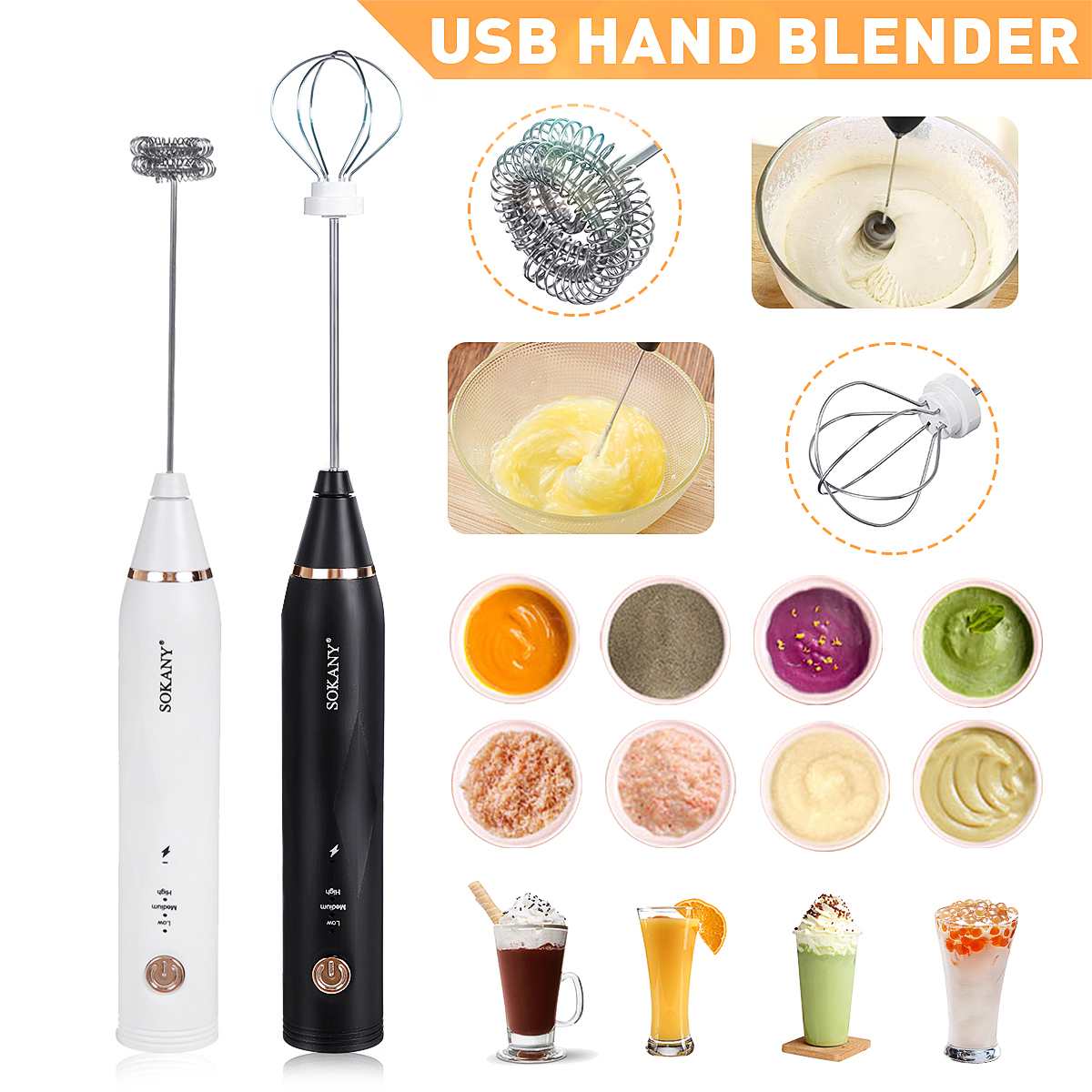 3 Speed Handheld Electric Mixer Blender Milk Frother Whisk Cream For Kitchen Coffee USB Rechargeable Hand Blenders Mixer 2 IN 1