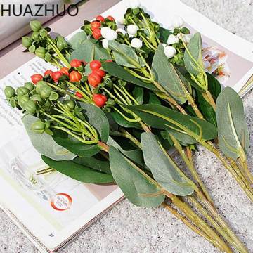 3 Forks Artificial Red Bean Branch Berry Fake Hypericum Fruit Flower Home Table Floral Green Leaf Flower Fresh Decor Photo Prop