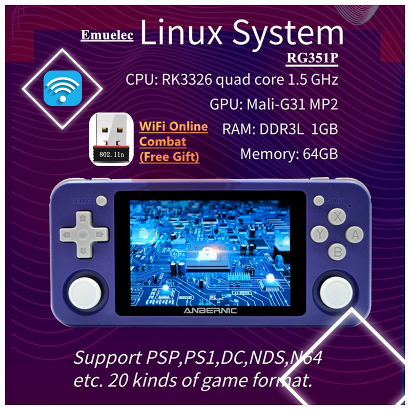 HEYNOW RK3326 RG351P Retro Game Console WiFi 64G Emuelec Linux System 3.5inch IPS Screen PS1 N64 Pocket Game Player RG350P RG351
