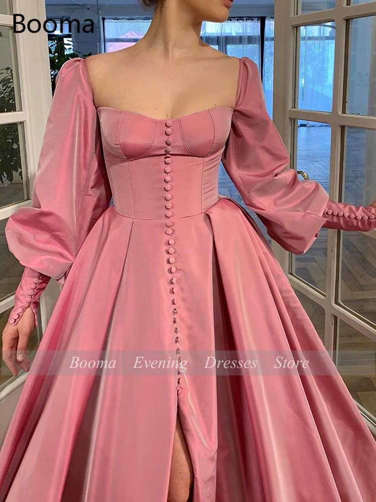 Booma Elegant Pink Prom Dresses Bishop Sleeves High Slit Taffeta Evening Dresses Sweetheart A-line Long Party Gowns with Buttons