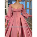 Booma Elegant Pink Prom Dresses Bishop Sleeves High Slit Taffeta Evening Dresses Sweetheart A-line Long Party Gowns with Buttons