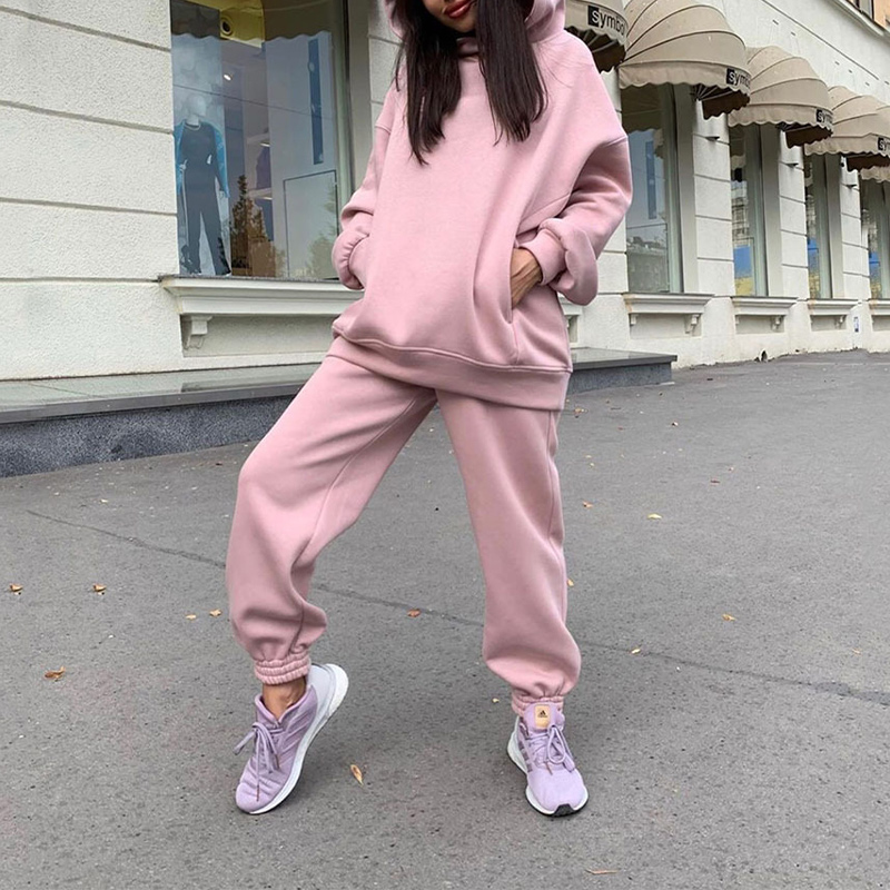 Two Piece Set Casual Fleece Tracksuit Women Winter 2021 Women's Sets Oversized Hooded Long Sleeve Hoodie Sport Pants Lady Suit