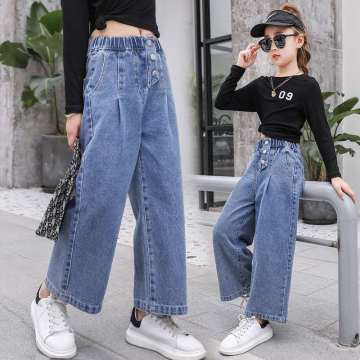 Girls Spring and Autumn Wide Leg Denim Pants Solid Elastic Waist Kids Jeans Korean Straight 3-13 Years Old Children's Trousers