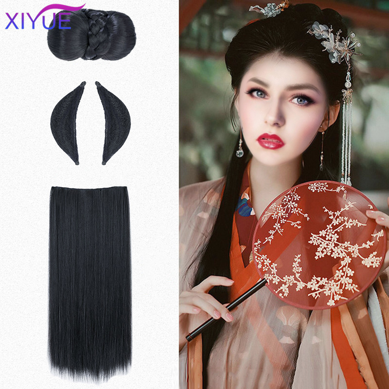 XIYUE Chinese Traditional Retro Black Hair Chignon Synthetic Fake Hanfu Hair Bun Pad High Ancient Princess TV Cosplay Wig