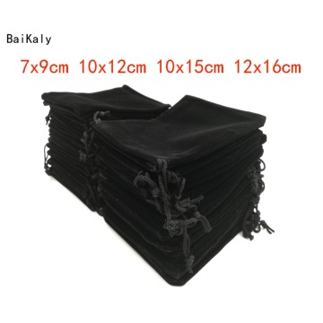 Hot Sale 100Pcs/lot 7x9cm 10x12cm 10x15cm 12x16cm Black Velvet Bag Velvet Drawstring Pouch Gift Bag Jewelry bag / Jewelry box