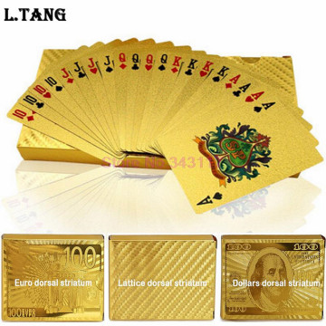 Golden Plated Plastic Poker Playing Dollar Euro Lattice Cards 52 Cards 2 Jokers Special Unusual Gift Birthday Poker S310